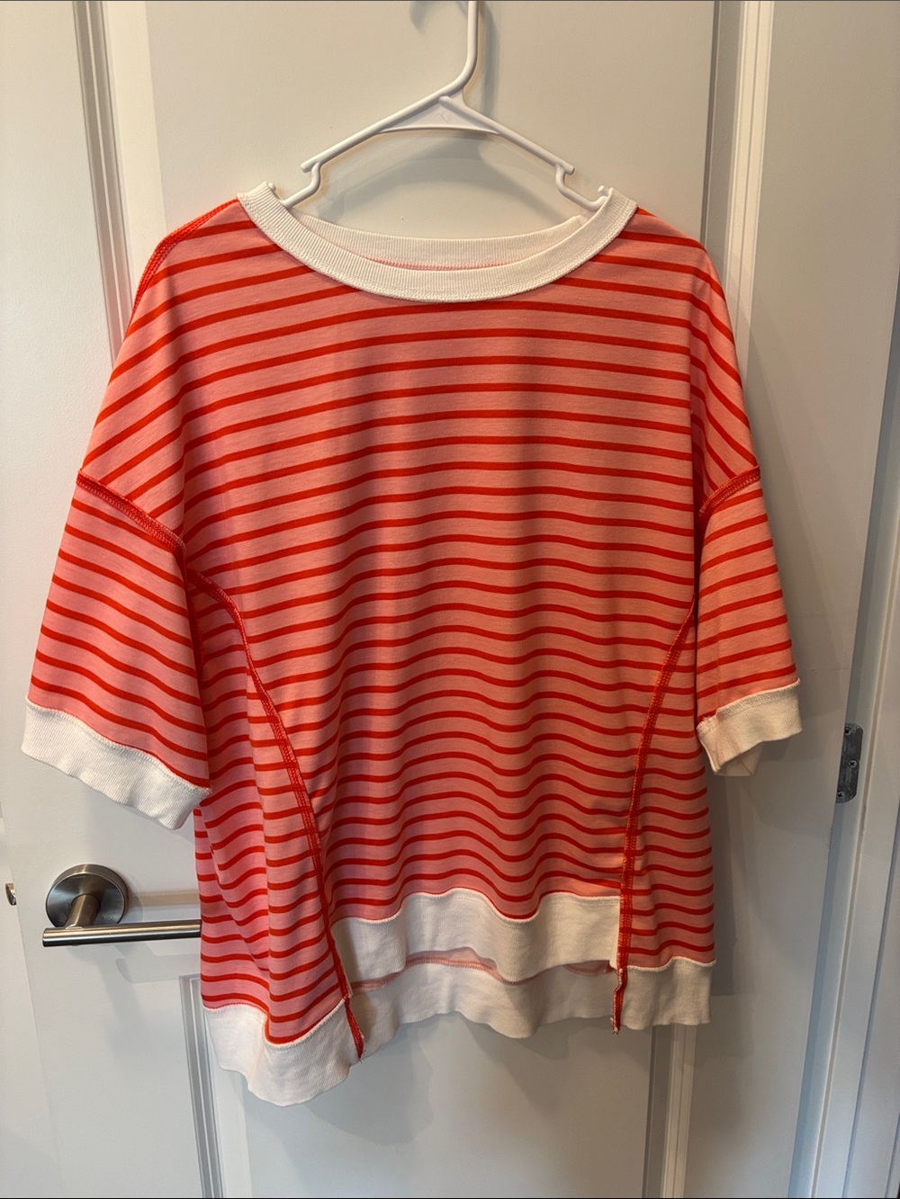 Striped Short-Sleeve Sweatshirt in Coral and White